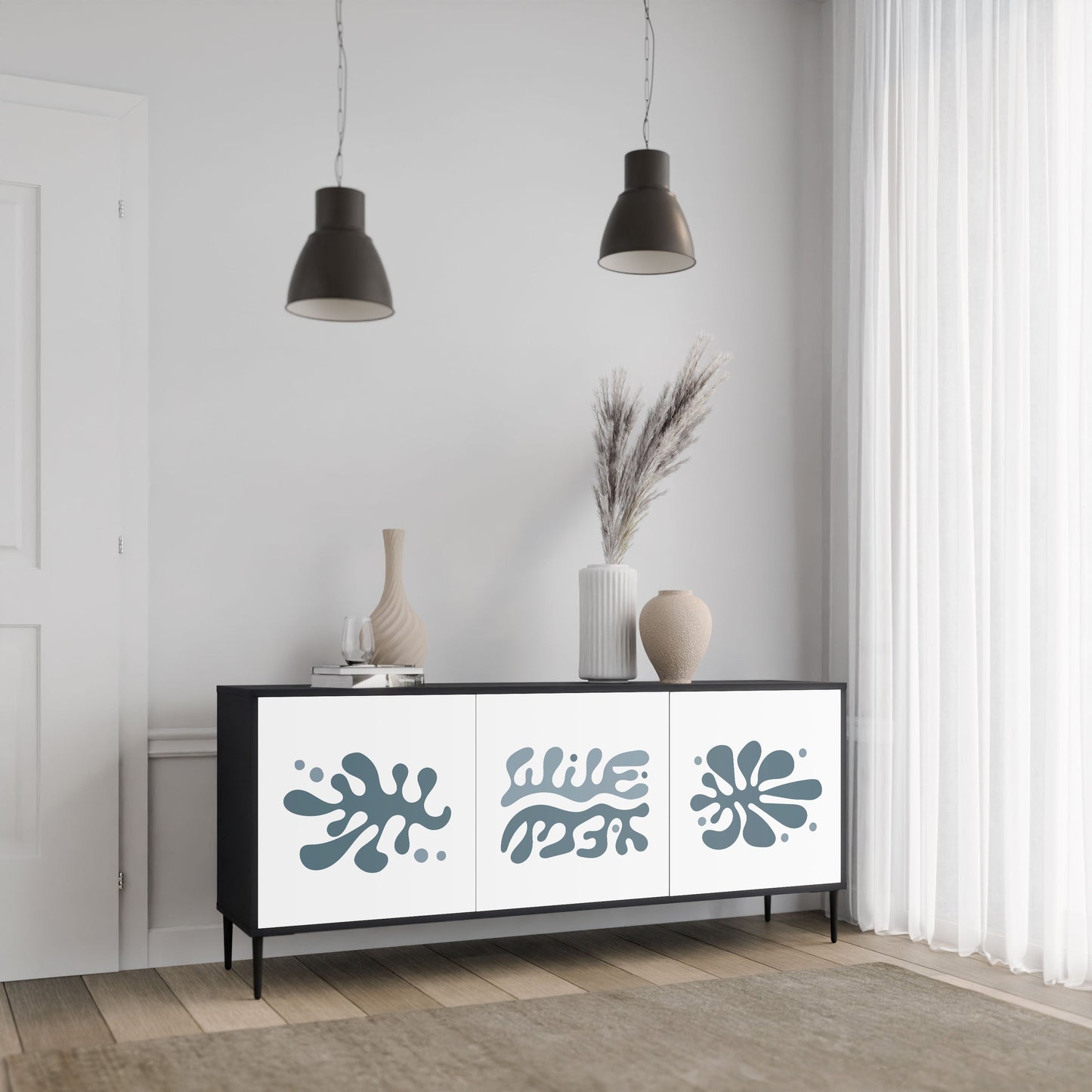 Credenza WONDERLAND VEGETATION a 3 ante in finitura nera