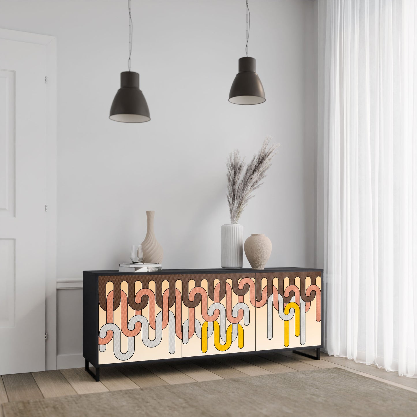 COLORFUL STRINGS 3-Door Sideboard in Black Finish