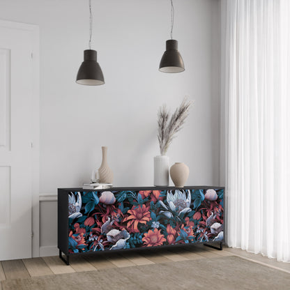 Credenza ETHEREAL BLOSSOMS a 3 ante in finitura nera