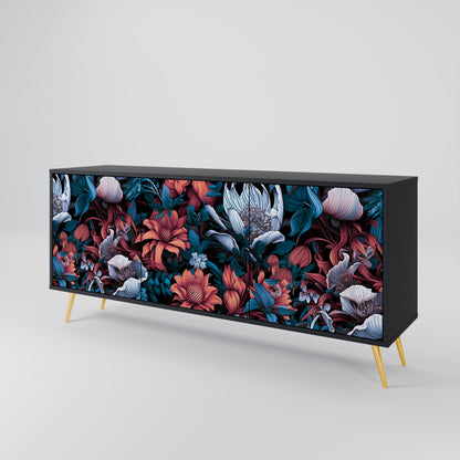 Credenza ETHEREAL BLOSSOMS a 3 ante in finitura nera