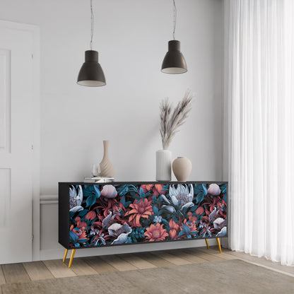Credenza ETHEREAL BLOSSOMS a 3 ante in finitura nera