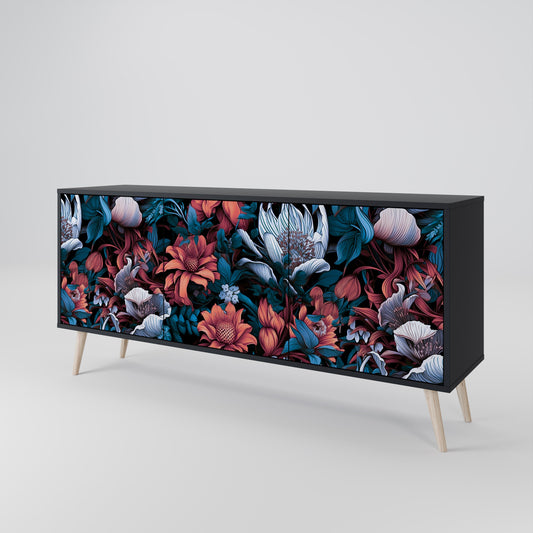 Credenza ETHEREAL BLOSSOMS a 3 ante in finitura nera