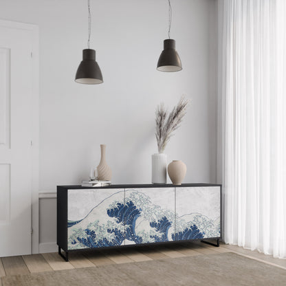 Credenza a 3 ante THE GREAT WAVE AT KANAGAWA in finitura nera