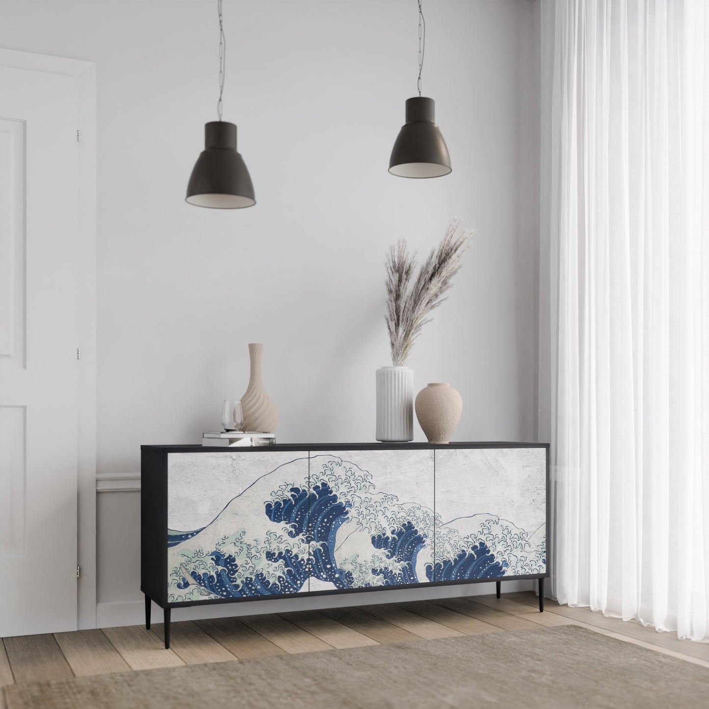 Credenza a 3 ante THE GREAT WAVE AT KANAGAWA in finitura nera