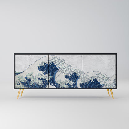 Credenza a 3 ante THE GREAT WAVE AT KANAGAWA in finitura nera