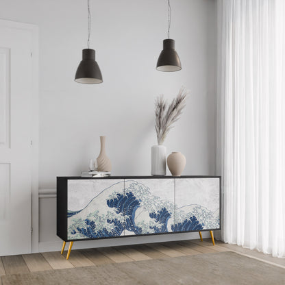 Credenza a 3 ante THE GREAT WAVE AT KANAGAWA in finitura nera