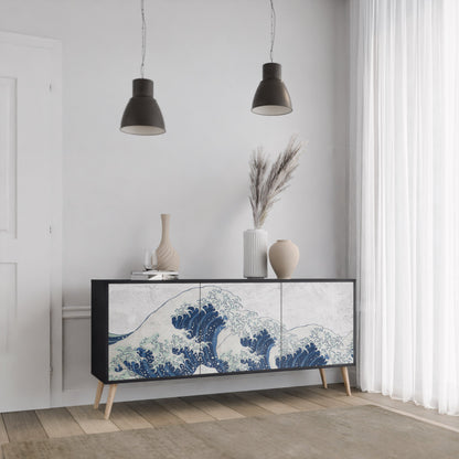 Credenza a 3 ante THE GREAT WAVE AT KANAGAWA in finitura nera