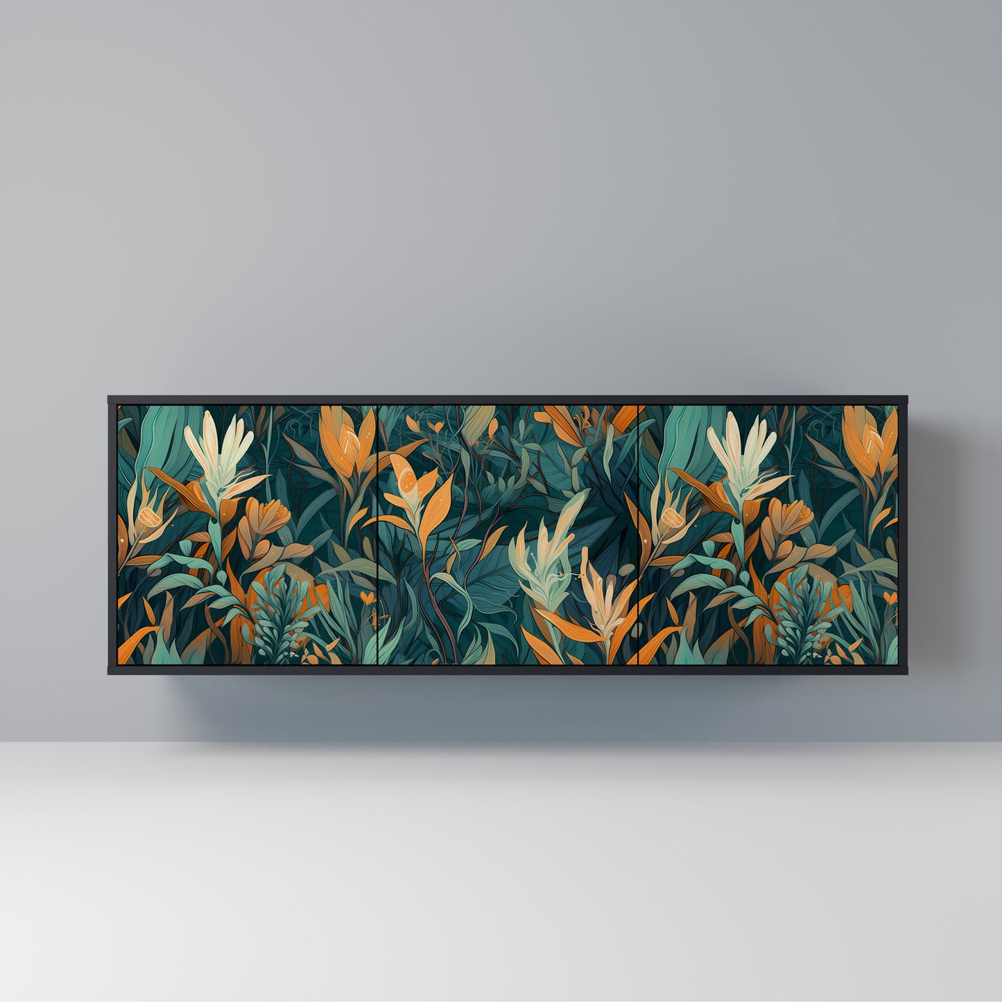 FLORAL SERENITY Madia a 3 Ante in Finitura Nera