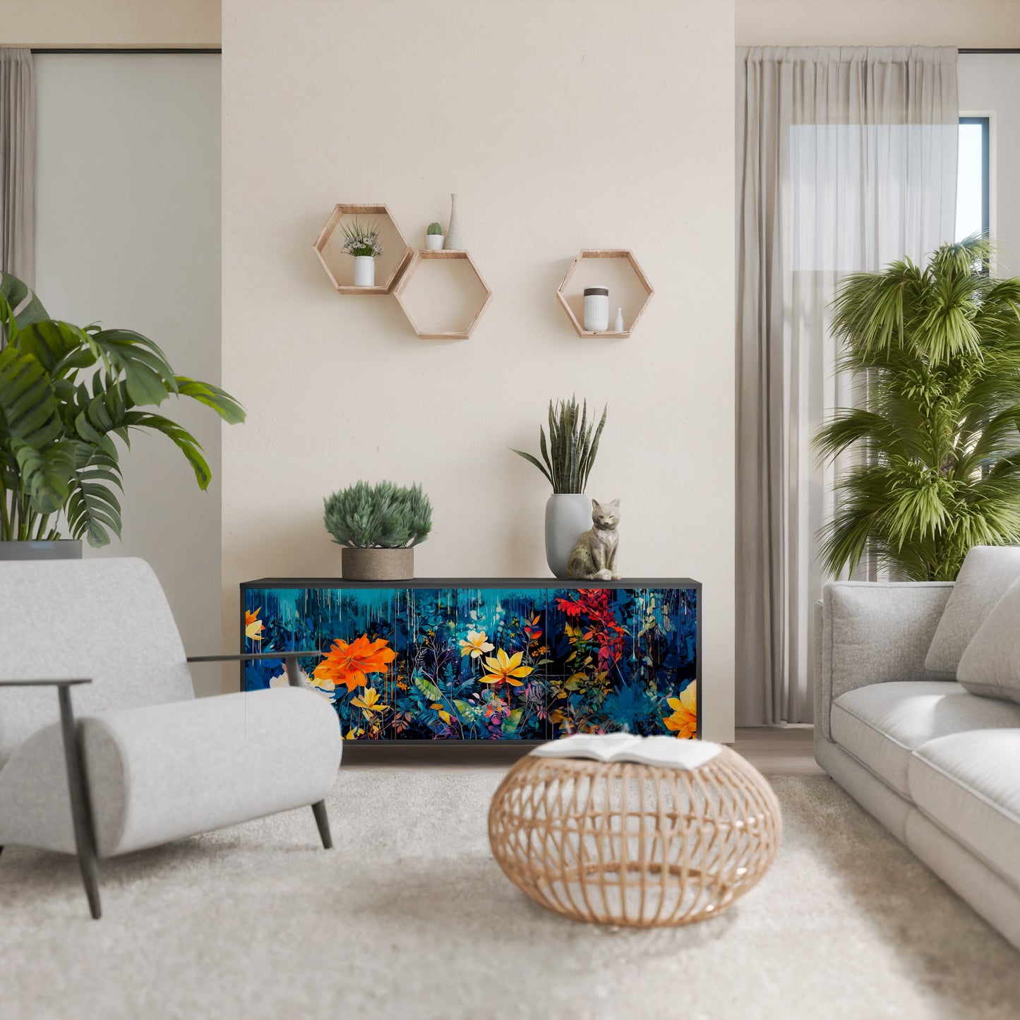Credenza a 3 ante MIDNIGHT BLOSSOM in finitura nera