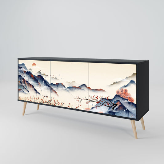 Credenza a 3 ante JAPANESE LANDSCAPE in finitura nera