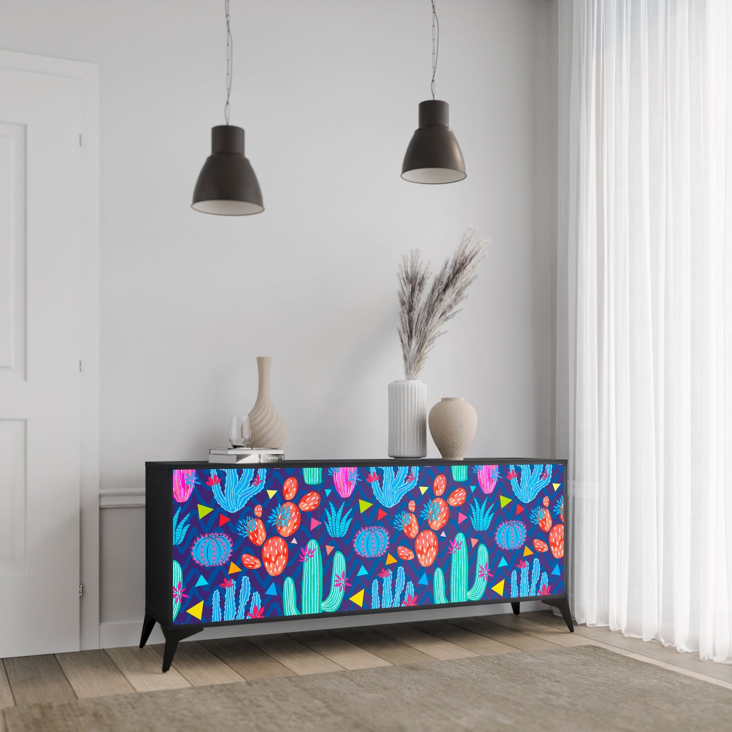 Credenza a 3 ante CACTUS VIBES in finitura nera