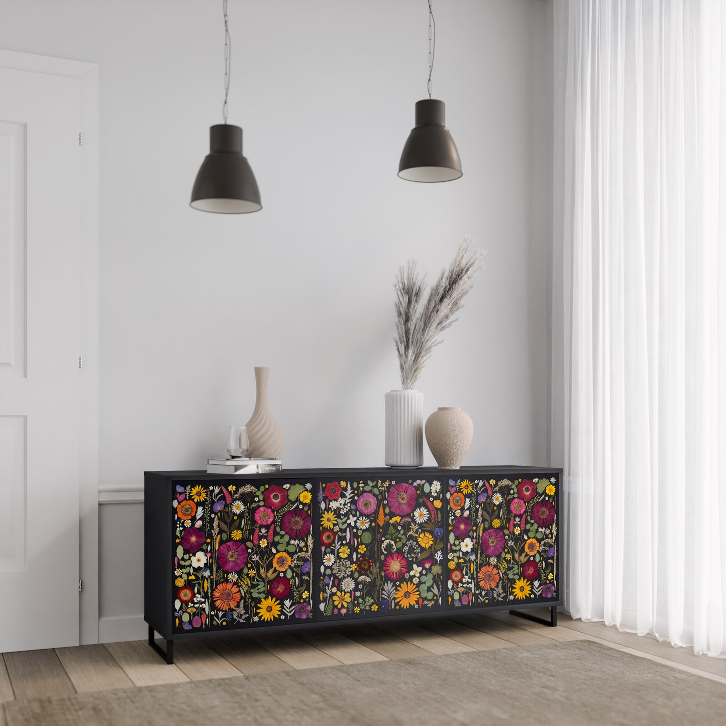 MIDNIGHT GARDEN 3-Door Sideboard in Black Finish
