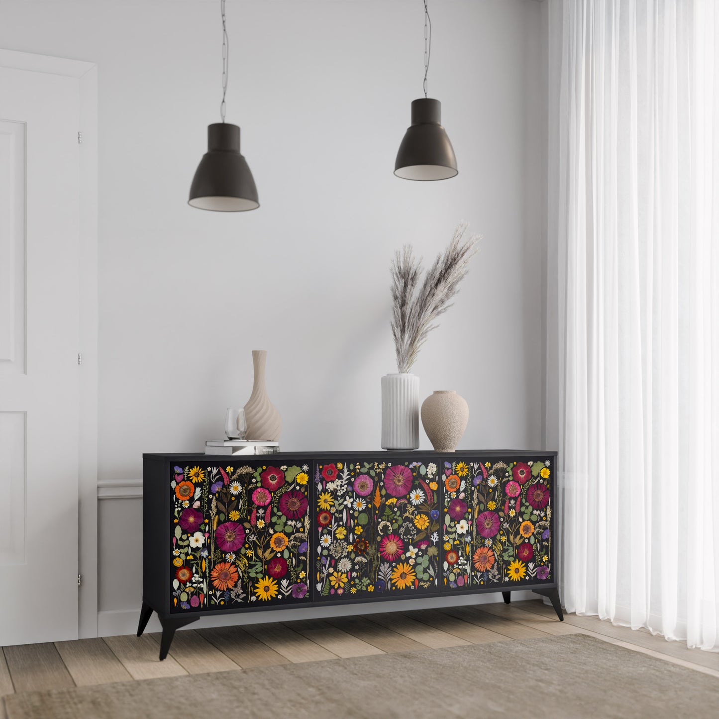 MIDNIGHT GARDEN 3-Door Sideboard in Black Finish