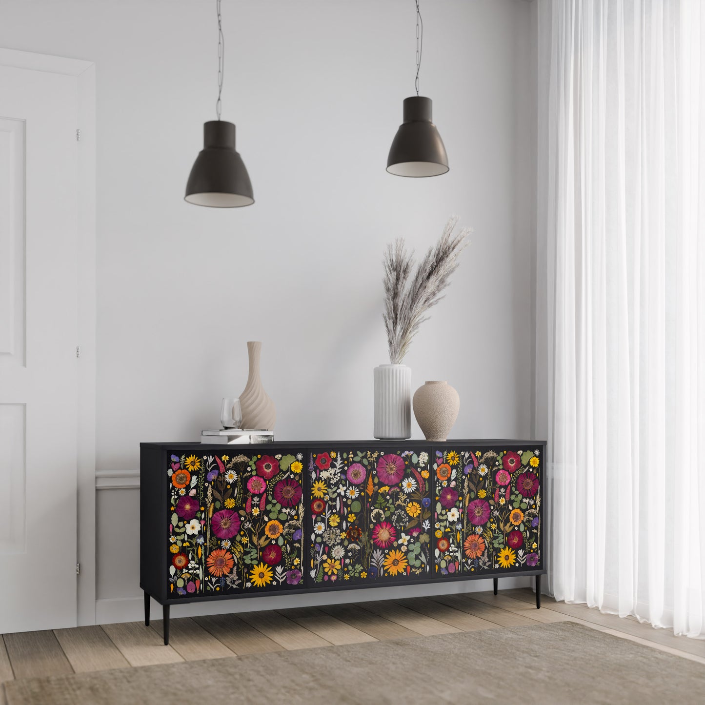 MIDNIGHT GARDEN 3-Door Sideboard in Black Finish