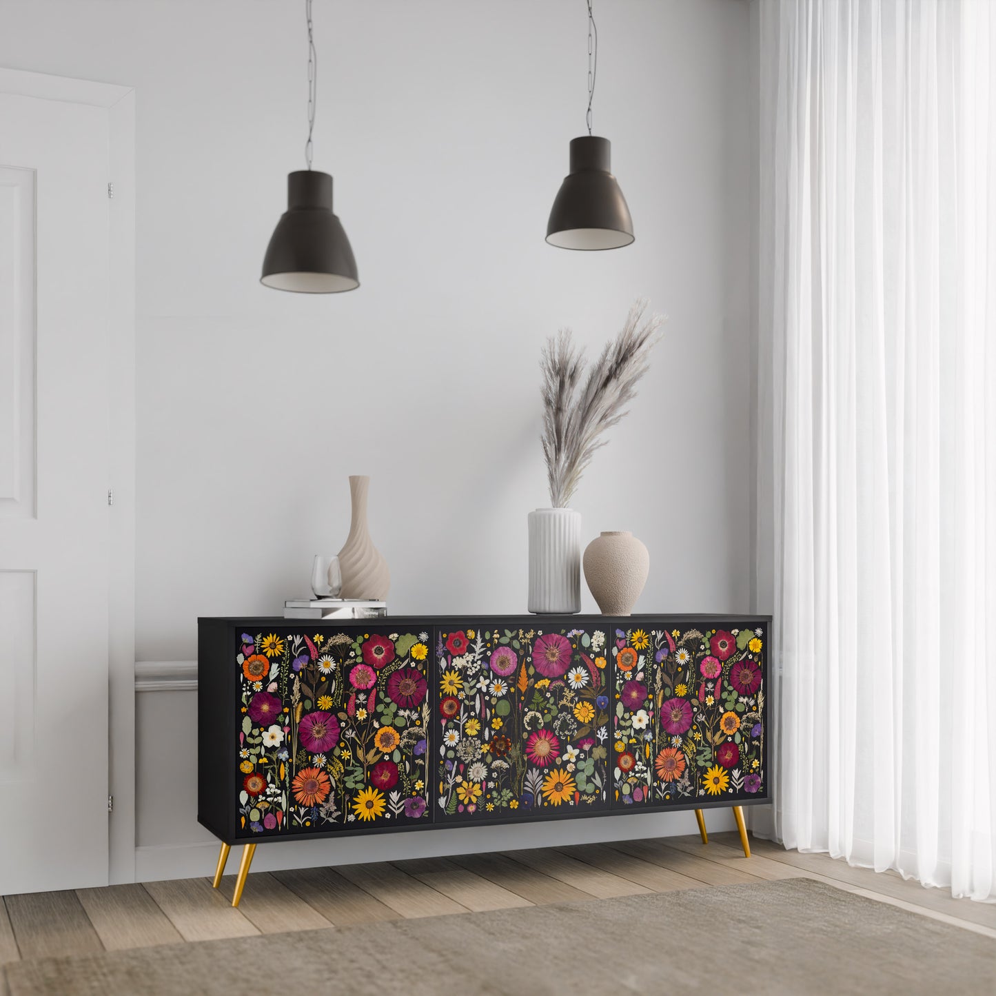 MIDNIGHT GARDEN 3-Door Sideboard in Black Finish