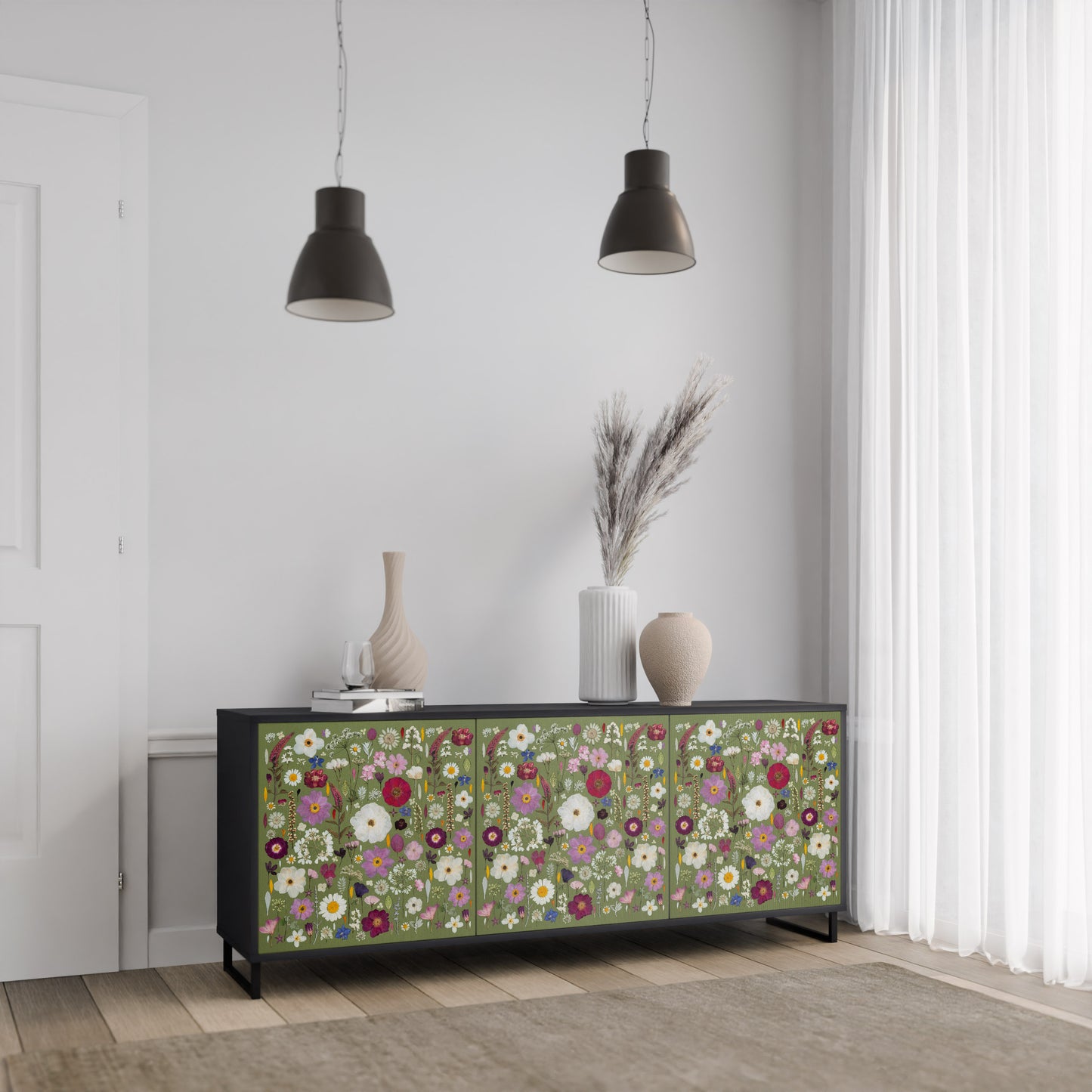 WILD GARDEN 3-Door Sideboard in Black Finish