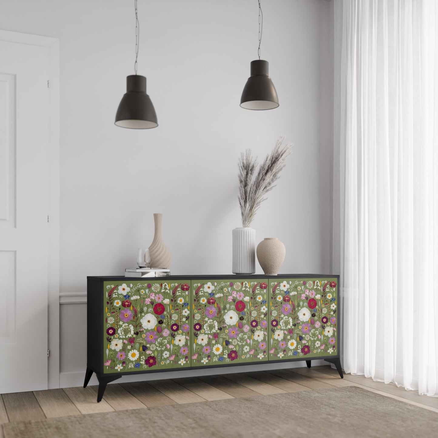 WILD GARDEN 3-Door Sideboard in Black Finish