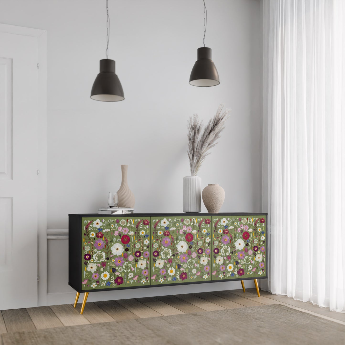 WILD GARDEN 3-Door Sideboard in Black Finish