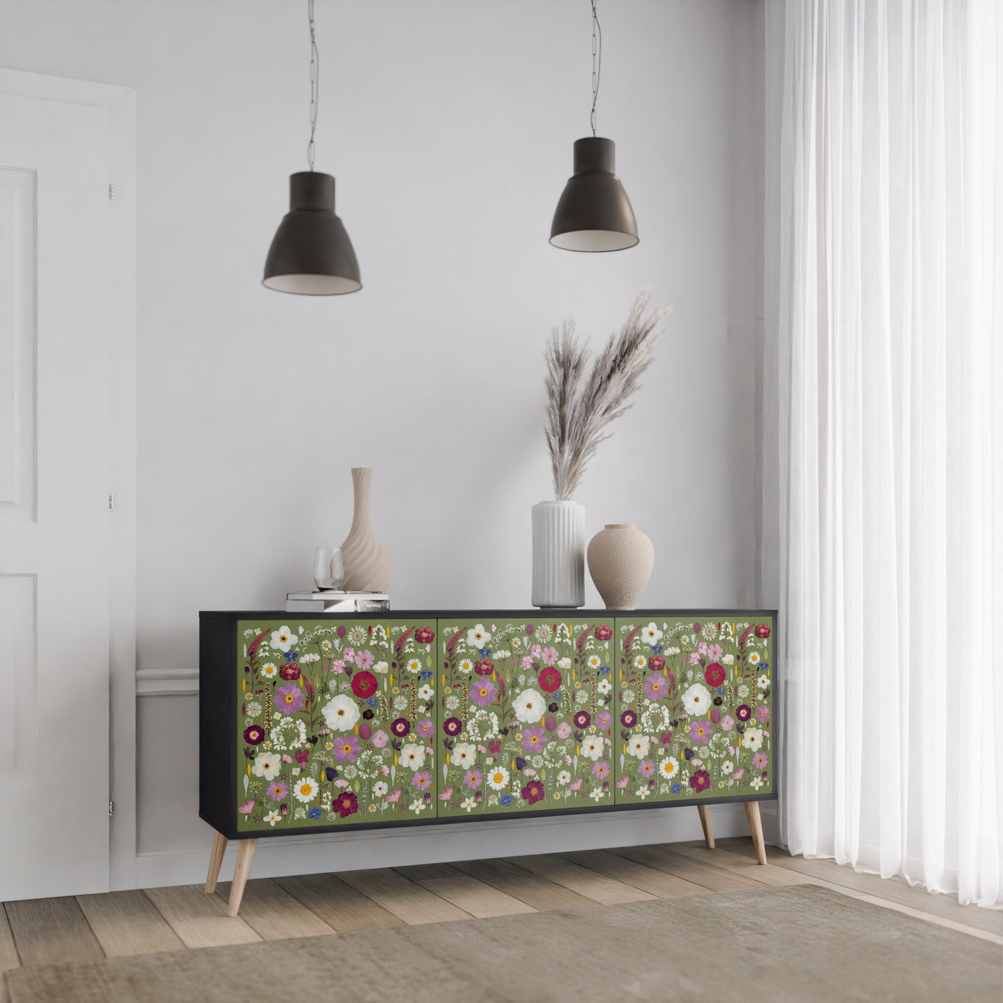 WILD GARDEN 3-Door Sideboard in Black Finish