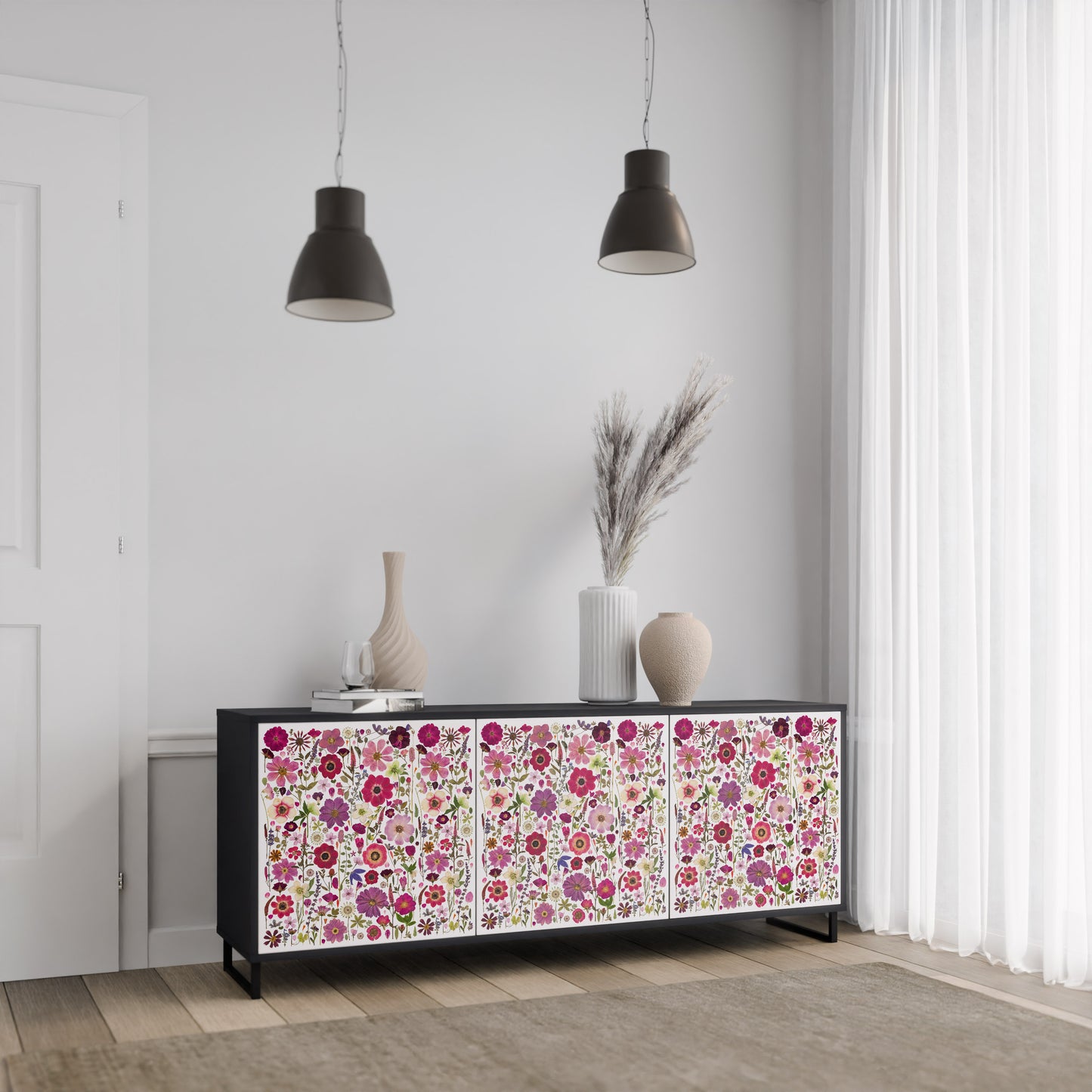PETAL GARDEN 3-Door Sideboard in Black Finish