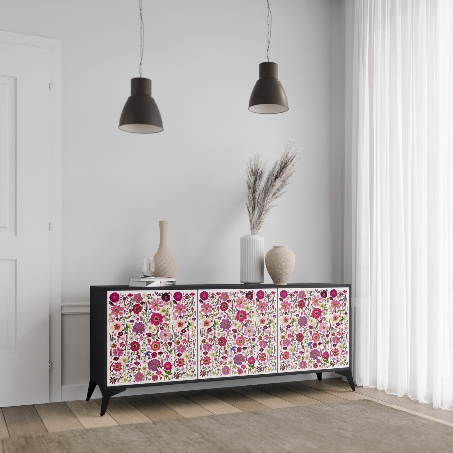PETAL GARDEN 3-Door Sideboard in Black Finish