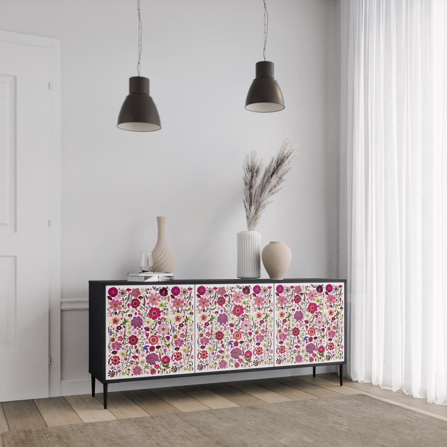 PETAL GARDEN 3-Door Sideboard in Black Finish