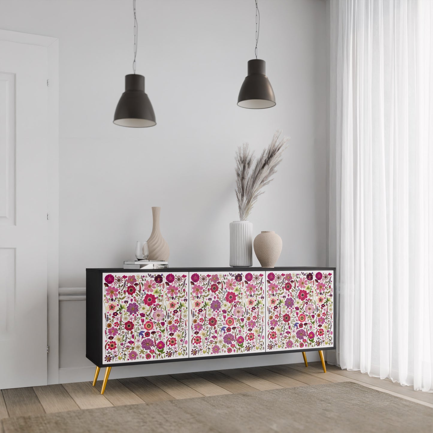 PETAL GARDEN 3-Door Sideboard in Black Finish