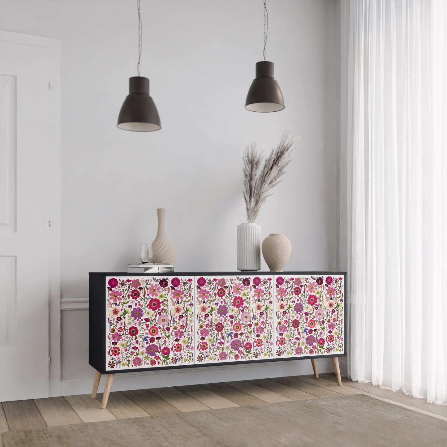 PETAL GARDEN 3-Door Sideboard in Black Finish