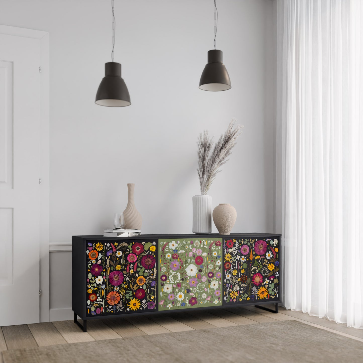 VERDANT GARDEN Madia a 3 Ante in Finitura Nera