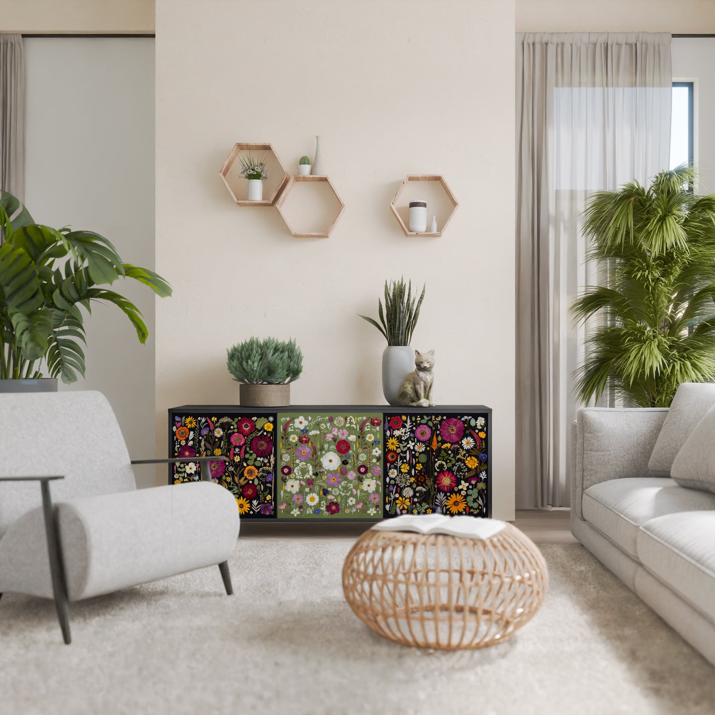 VERDANT GARDEN Madia a 3 Ante in Finitura Nera