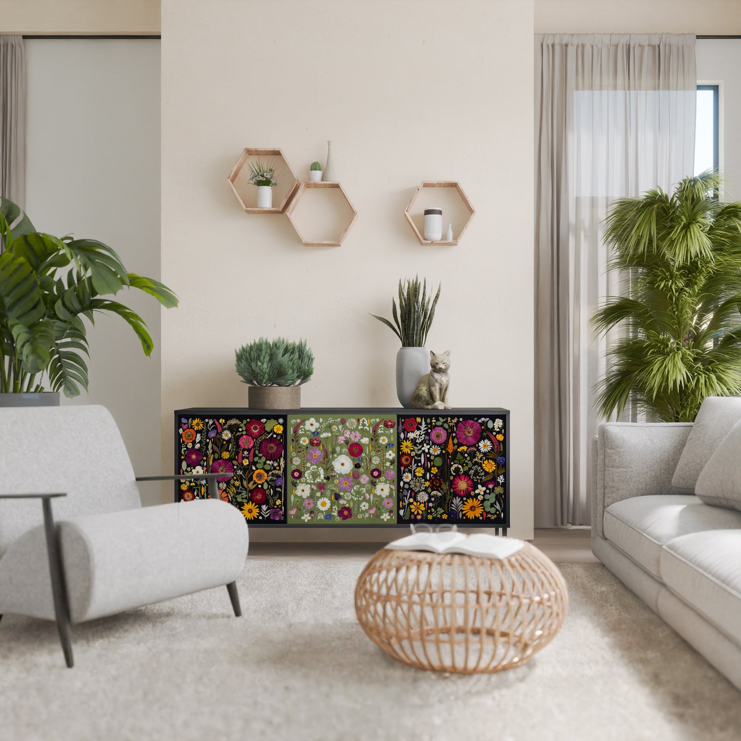 VERDANT GARDEN Madia a 3 Ante in Finitura Nera