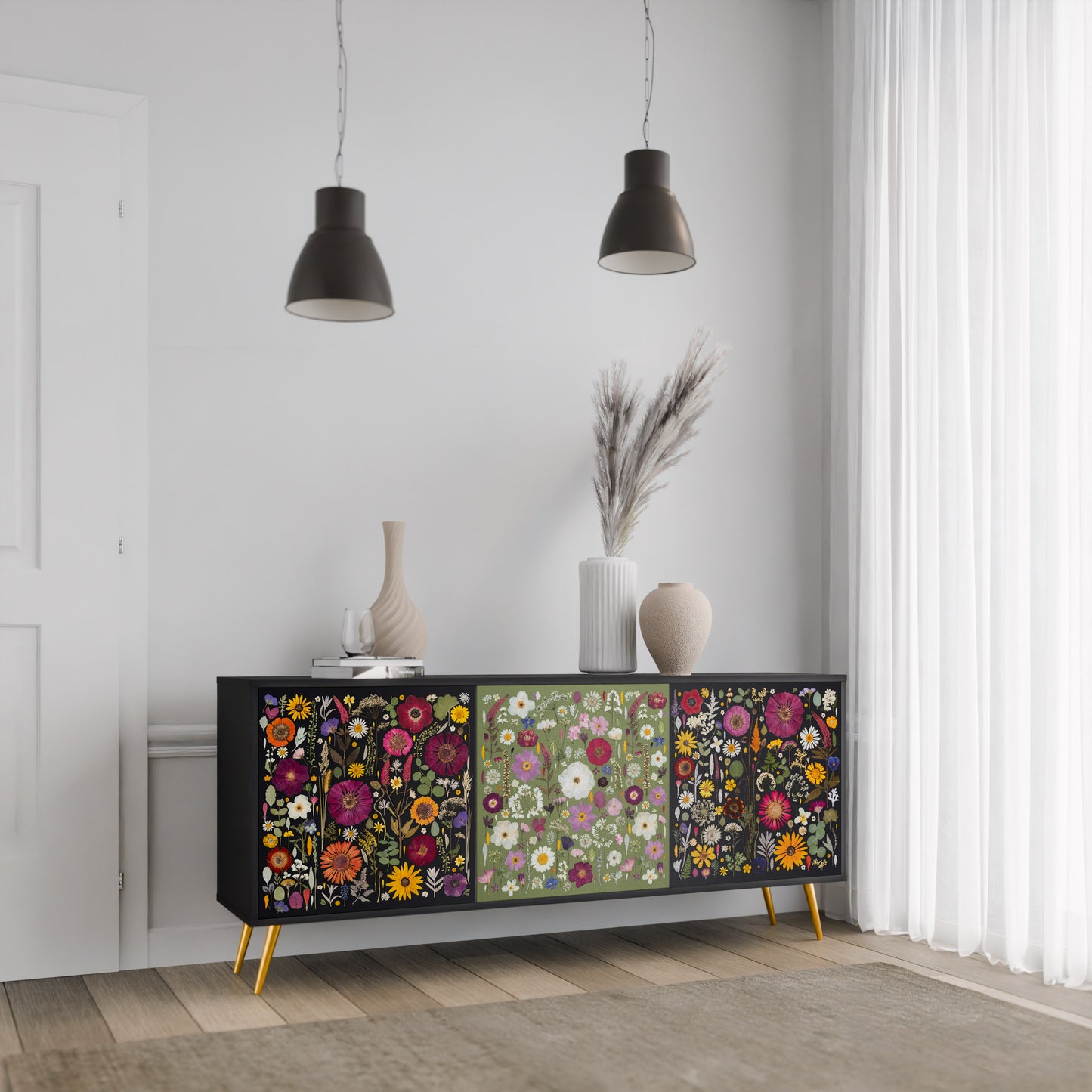 VERDANT GARDEN Madia a 3 Ante in Finitura Nera