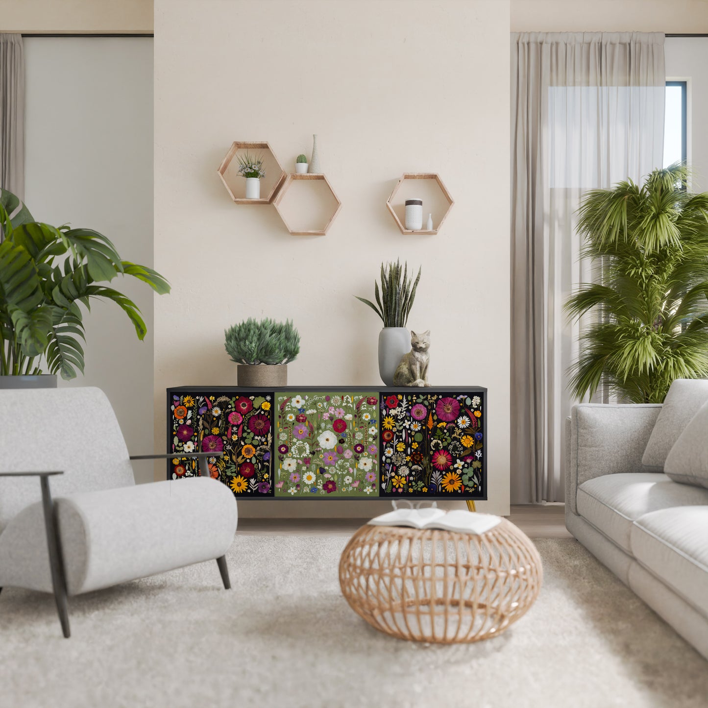 VERDANT GARDEN Madia a 3 Ante in Finitura Nera