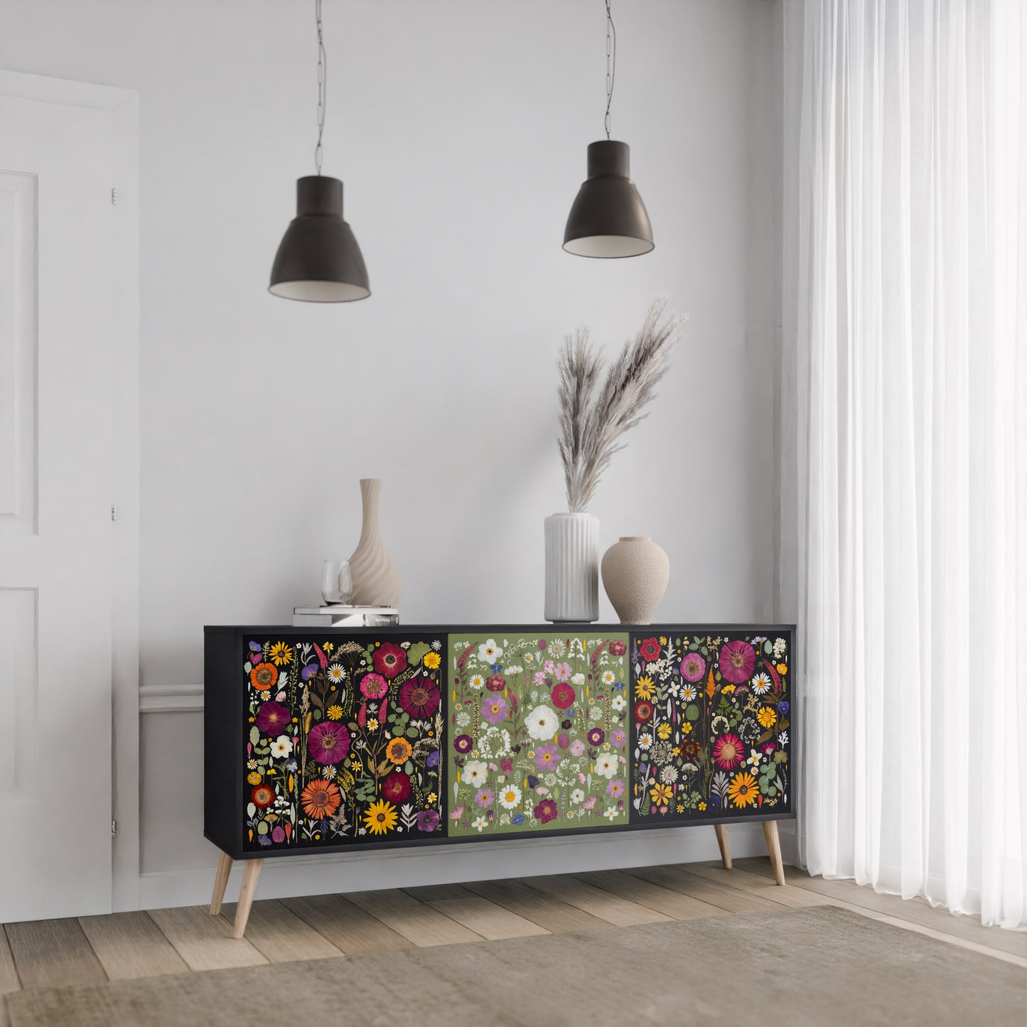 VERDANT GARDEN Madia a 3 Ante in Finitura Nera