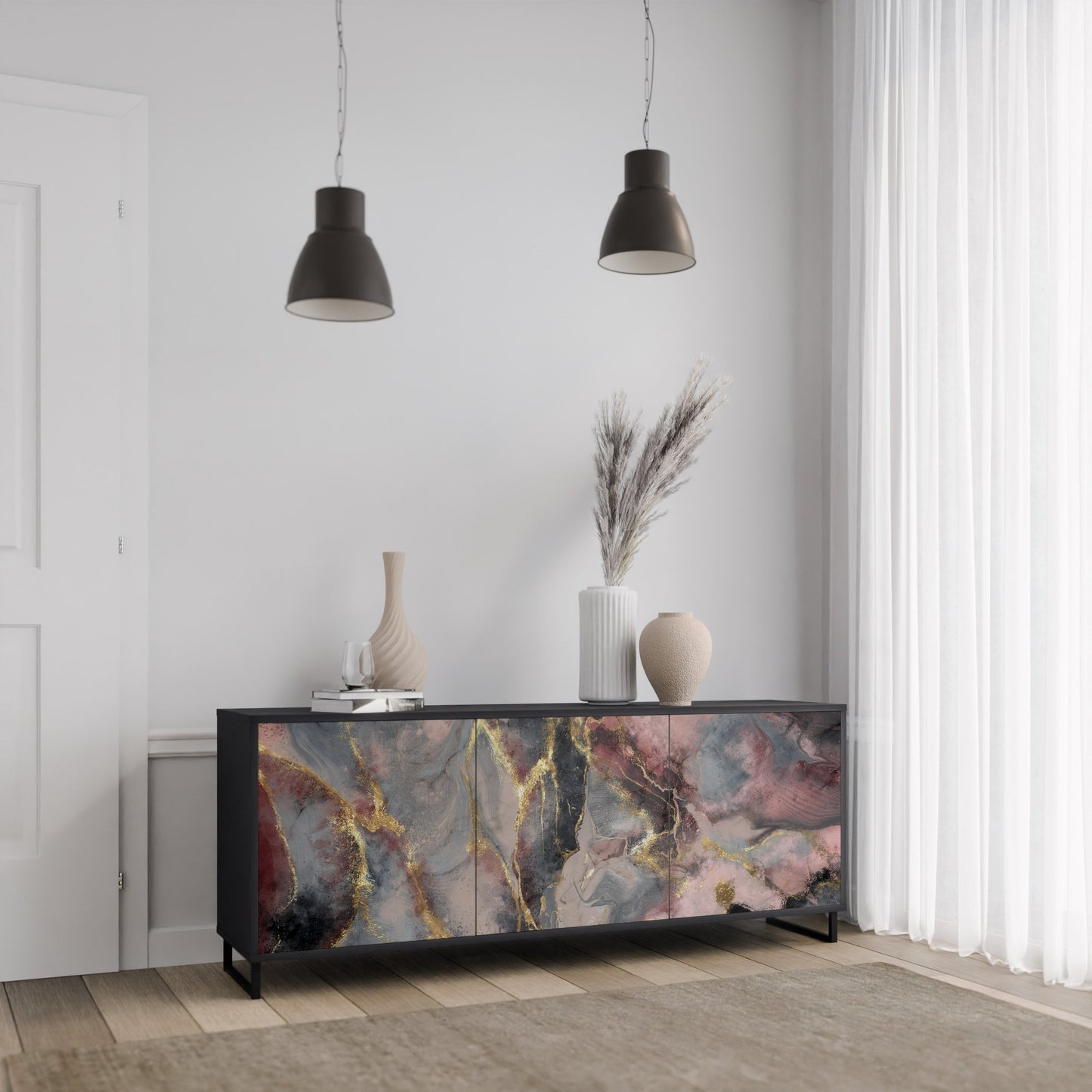 Credenza a 3 ante GOLDEN TIDES in finitura nera