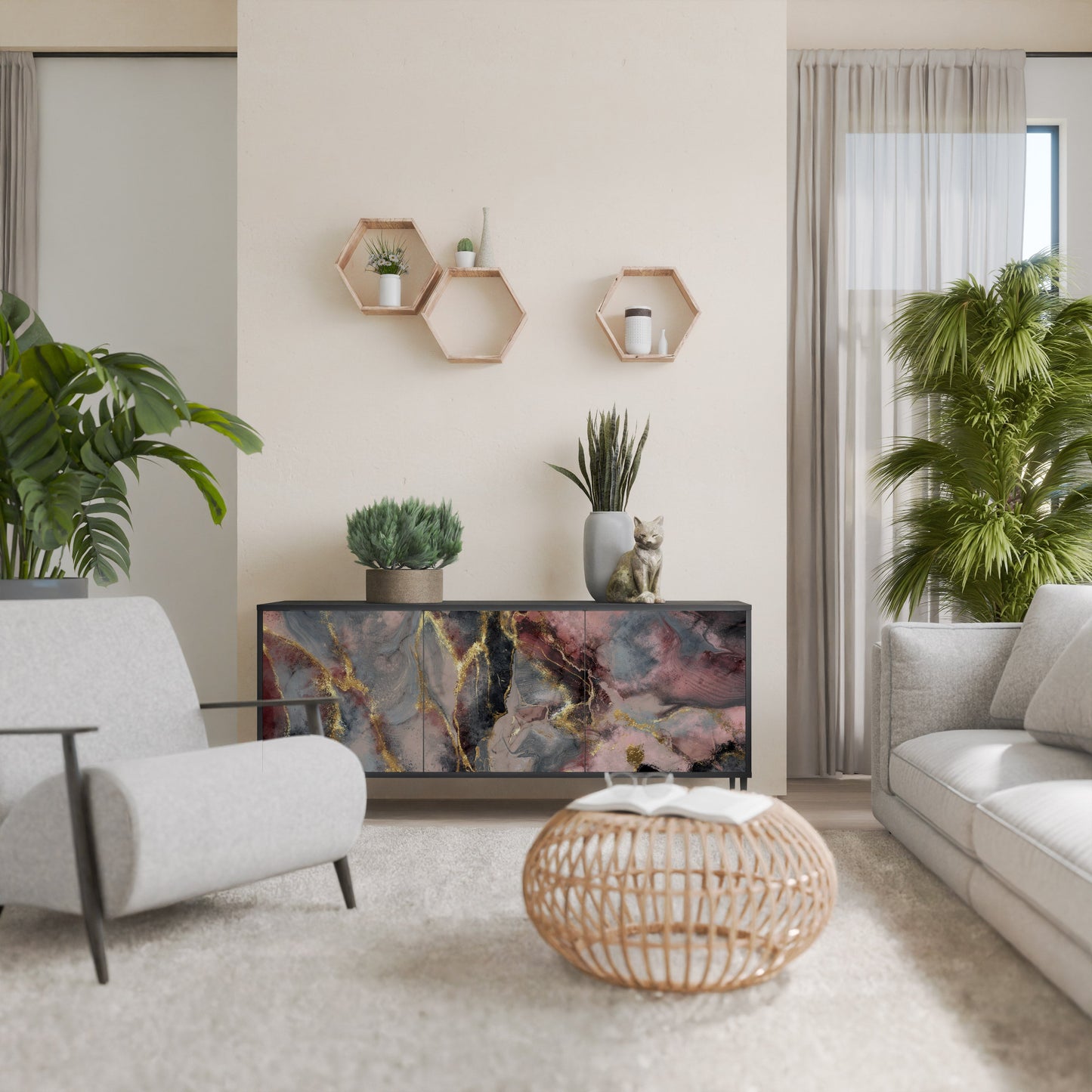 Credenza a 3 ante GOLDEN TIDES in finitura nera