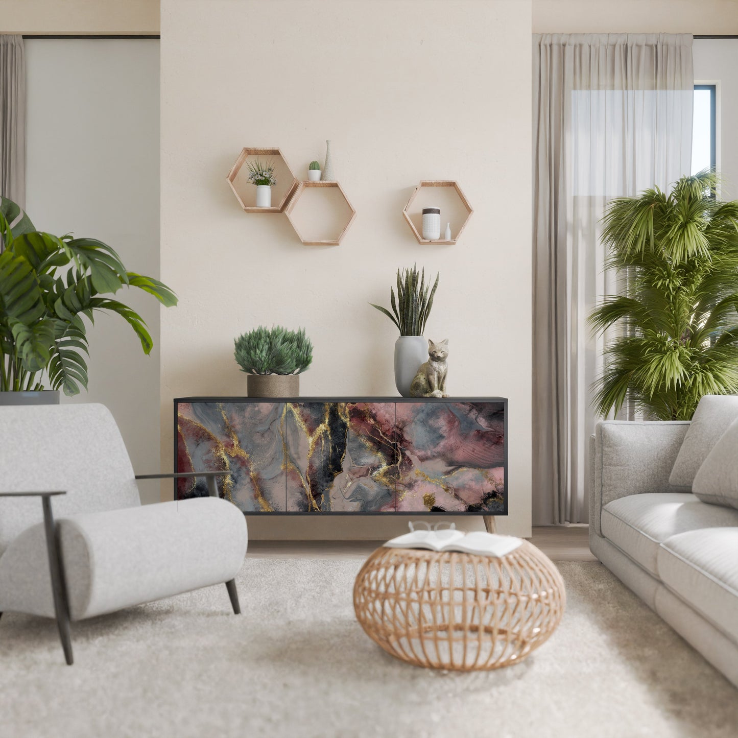 Credenza a 3 ante GOLDEN TIDES in finitura nera