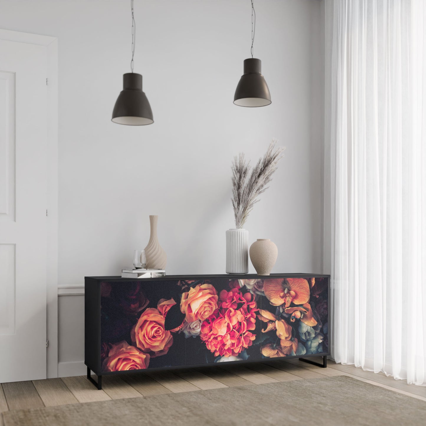 Credenza NEVERENDING BLOOM a 3 ante in finitura nera
