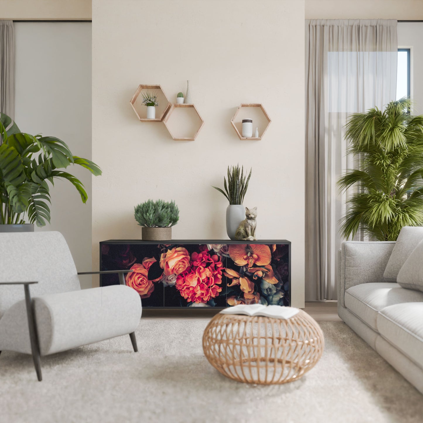 Credenza NEVERENDING BLOOM a 3 ante in finitura nera