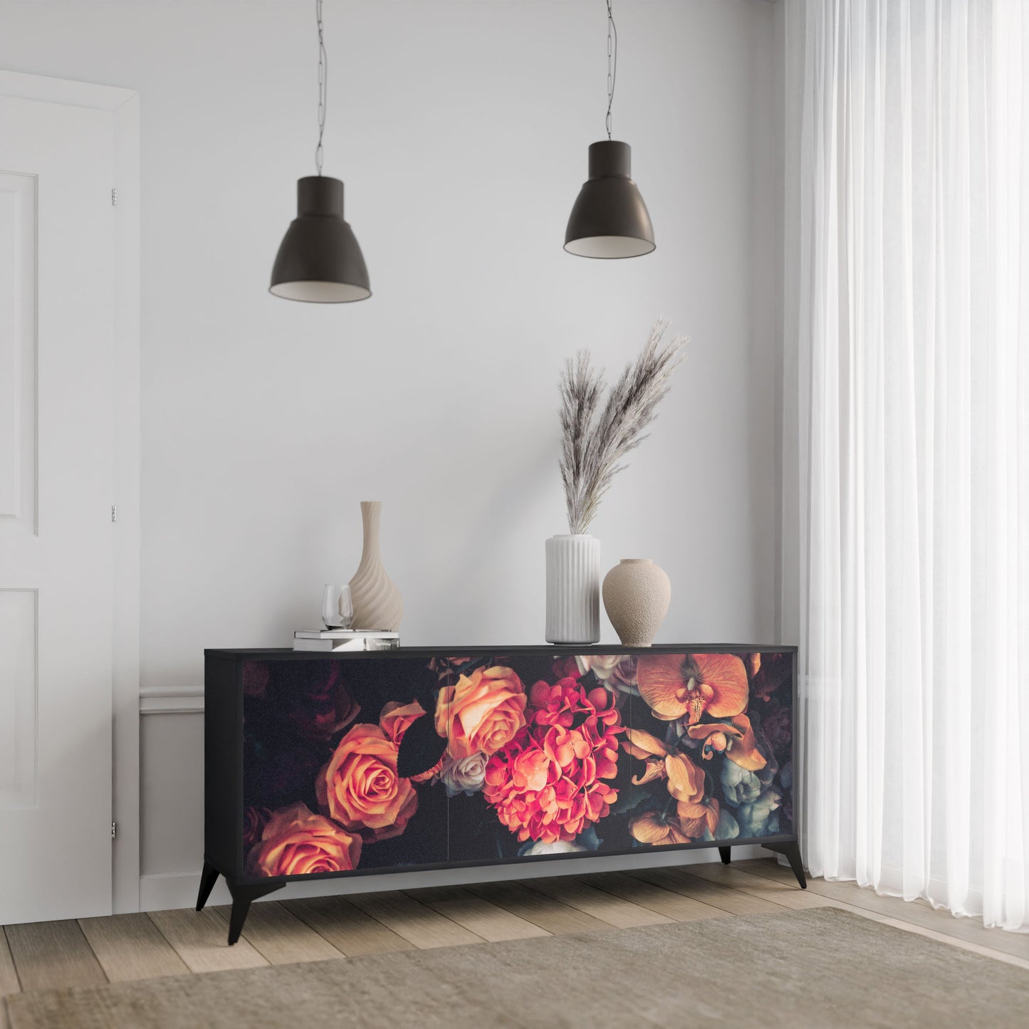 Credenza NEVERENDING BLOOM a 3 ante in finitura nera
