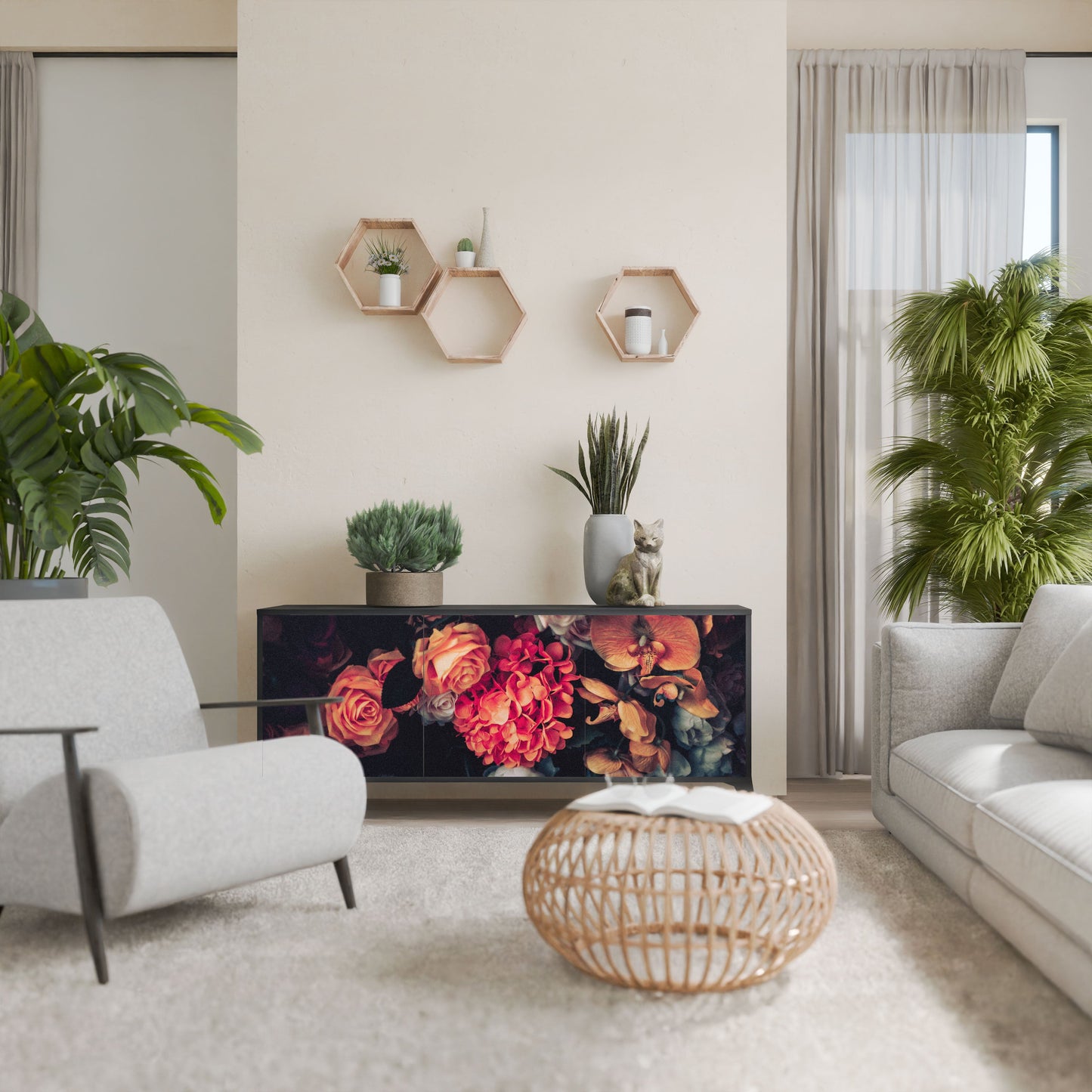 Credenza NEVERENDING BLOOM a 3 ante in finitura nera