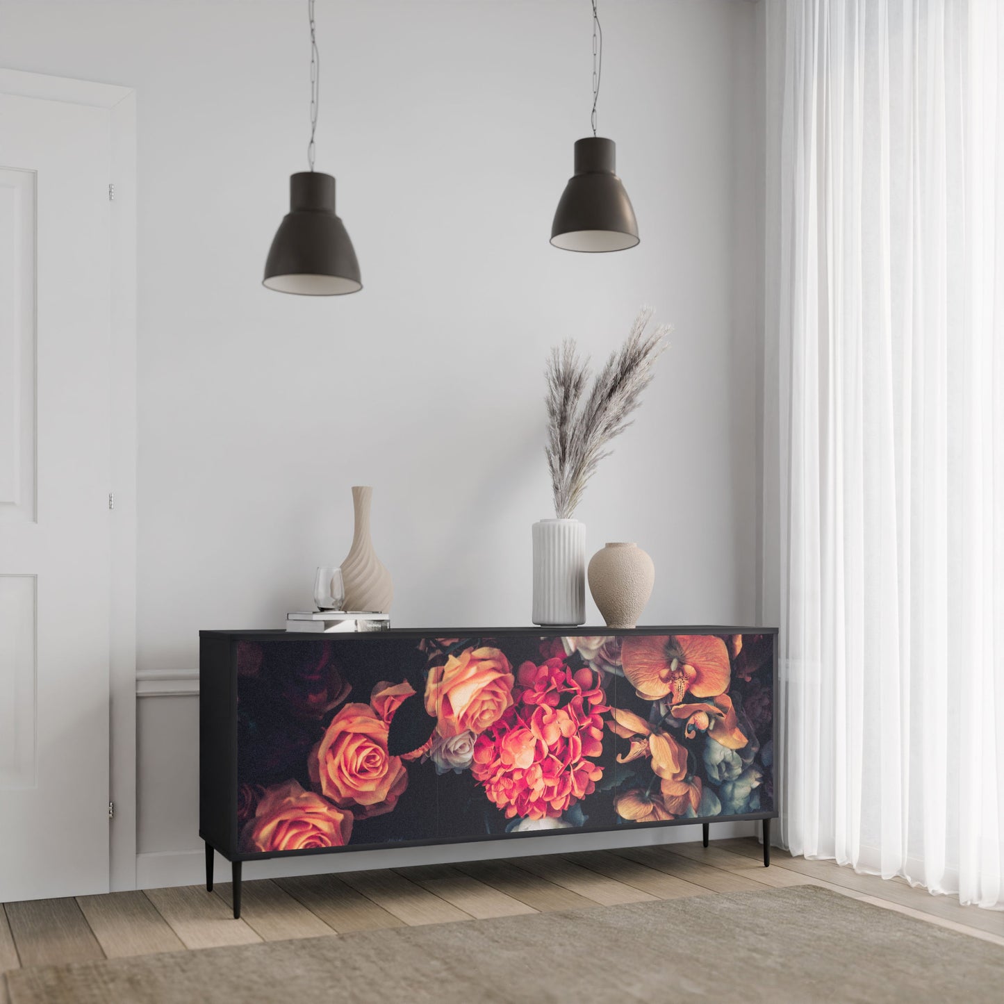 Credenza NEVERENDING BLOOM a 3 ante in finitura nera