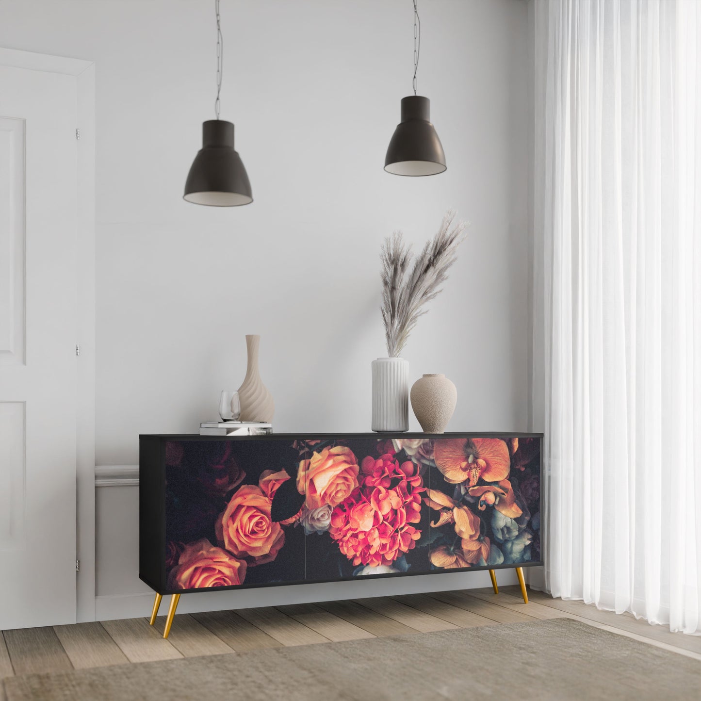 Credenza NEVERENDING BLOOM a 3 ante in finitura nera