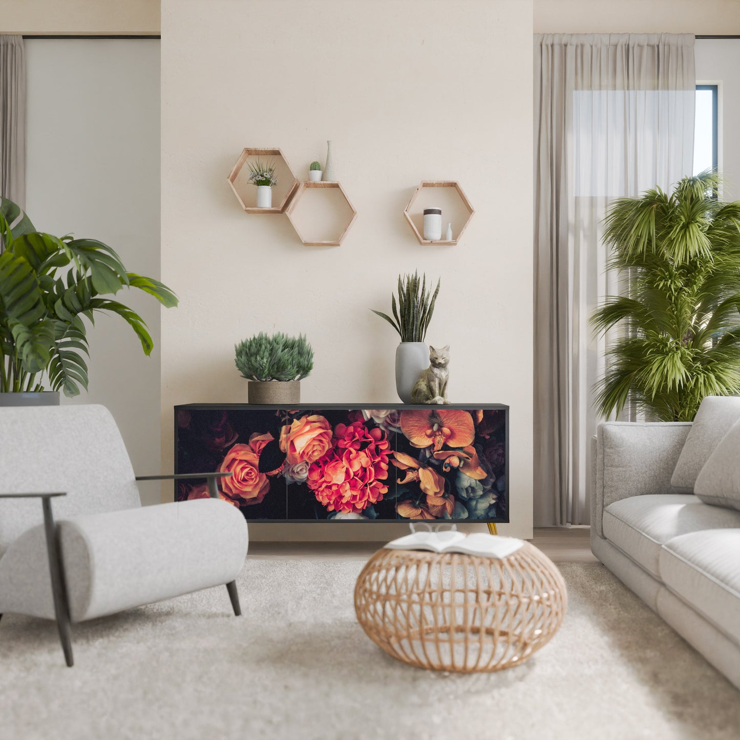 Credenza NEVERENDING BLOOM a 3 ante in finitura nera