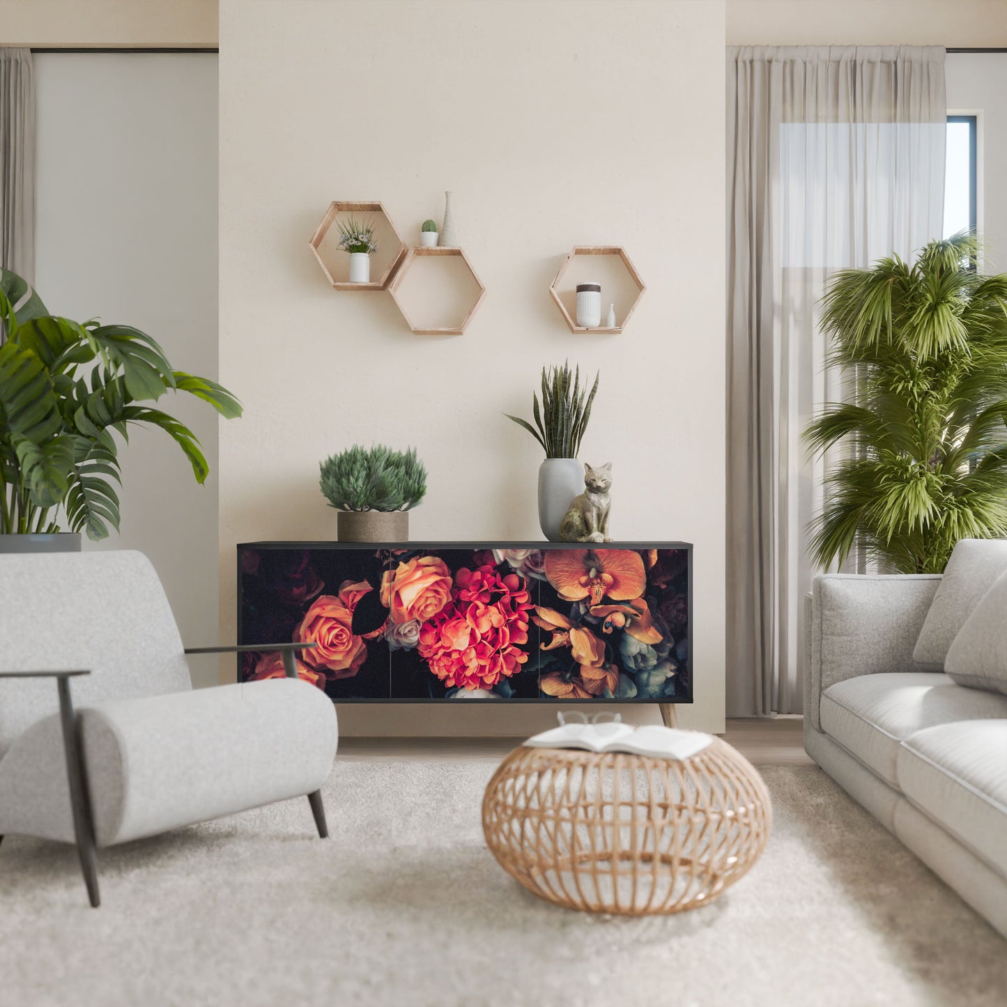Credenza NEVERENDING BLOOM a 3 ante in finitura nera