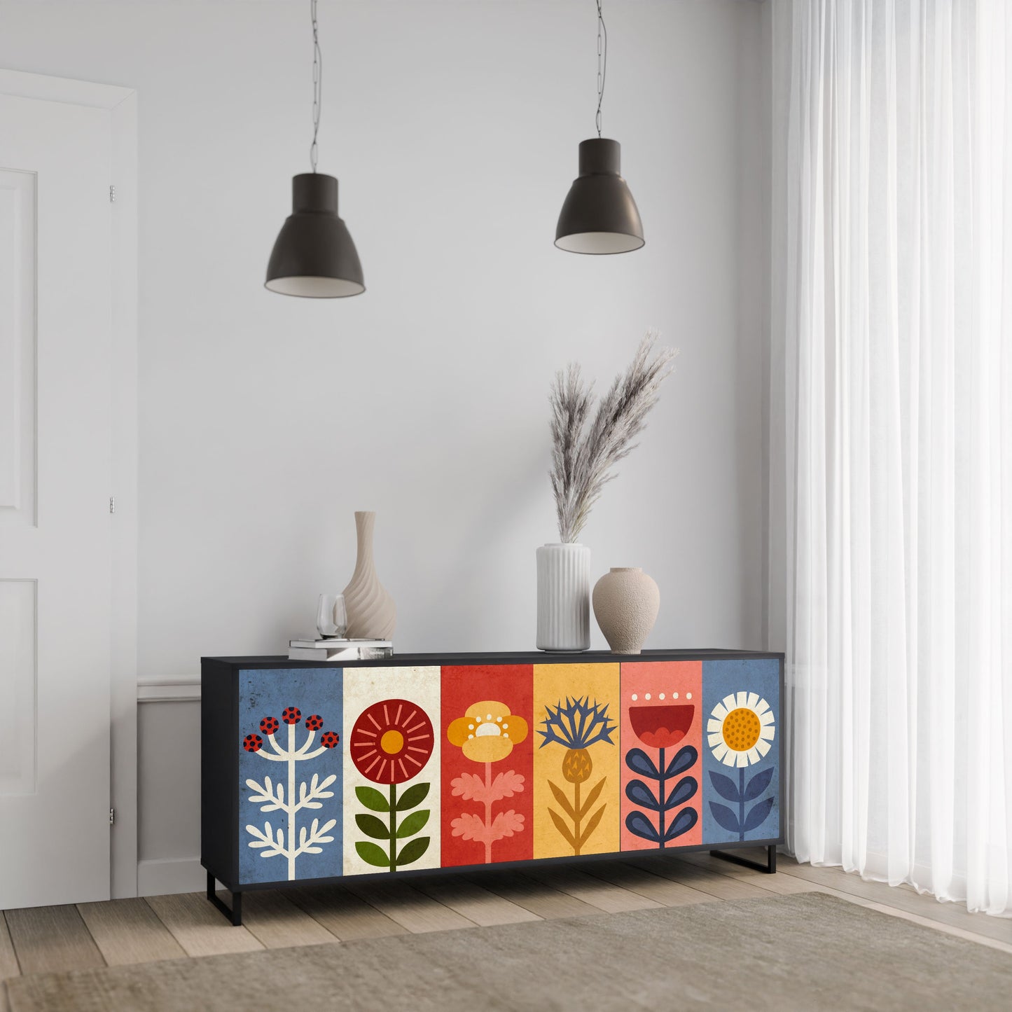 Credenza SCANDIC FLOWERET a 3 ante in finitura nera