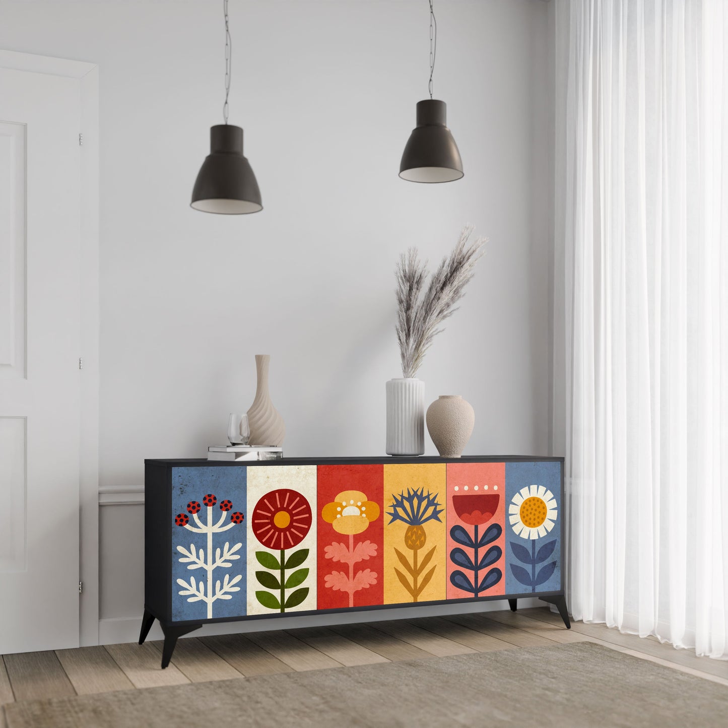 Credenza SCANDIC FLOWERET a 3 ante in finitura nera
