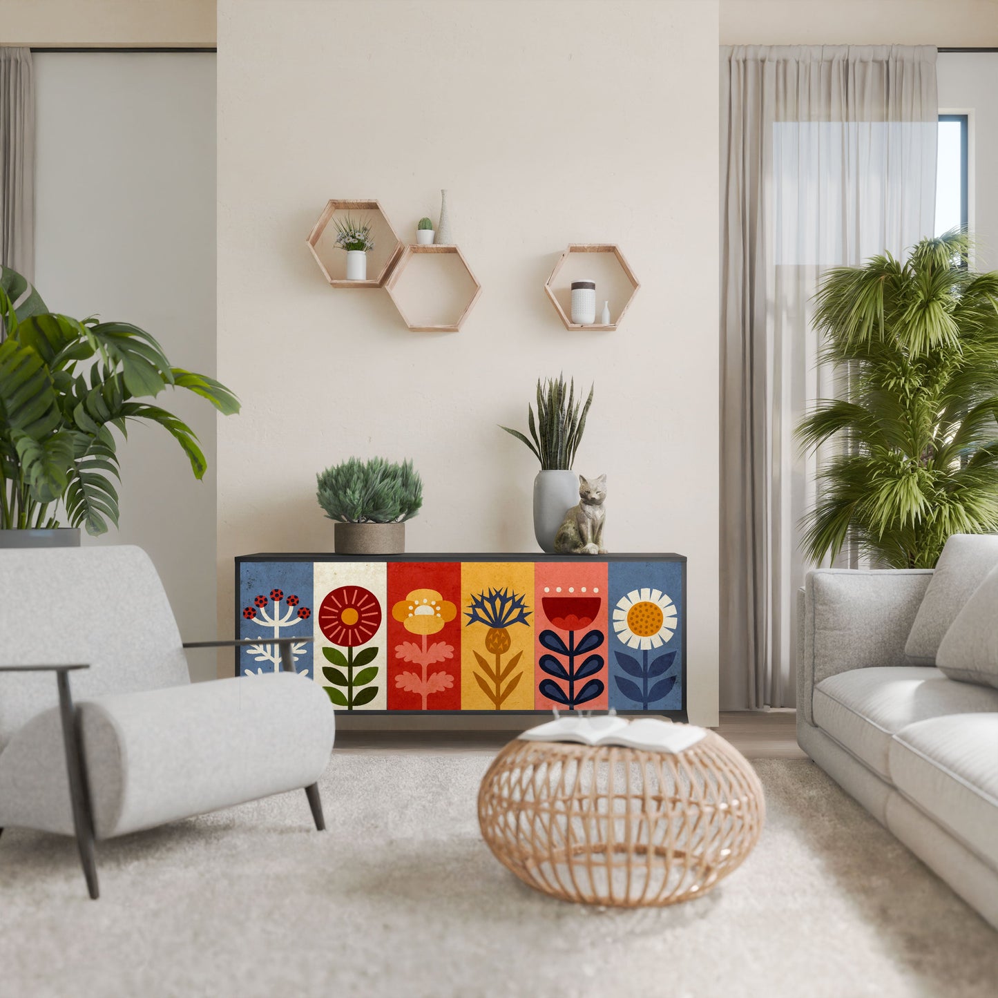 Credenza SCANDIC FLOWERET a 3 ante in finitura nera