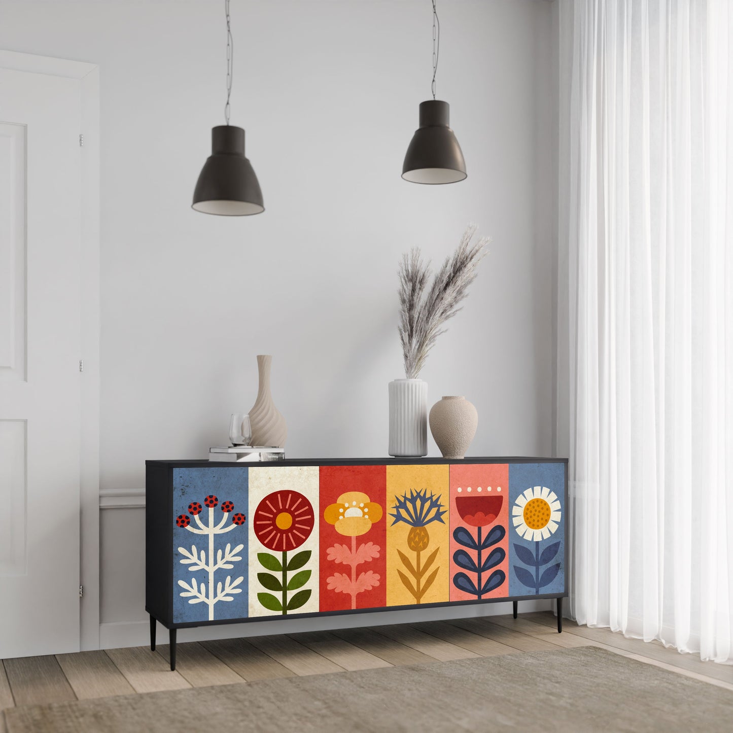 Credenza SCANDIC FLOWERET a 3 ante in finitura nera