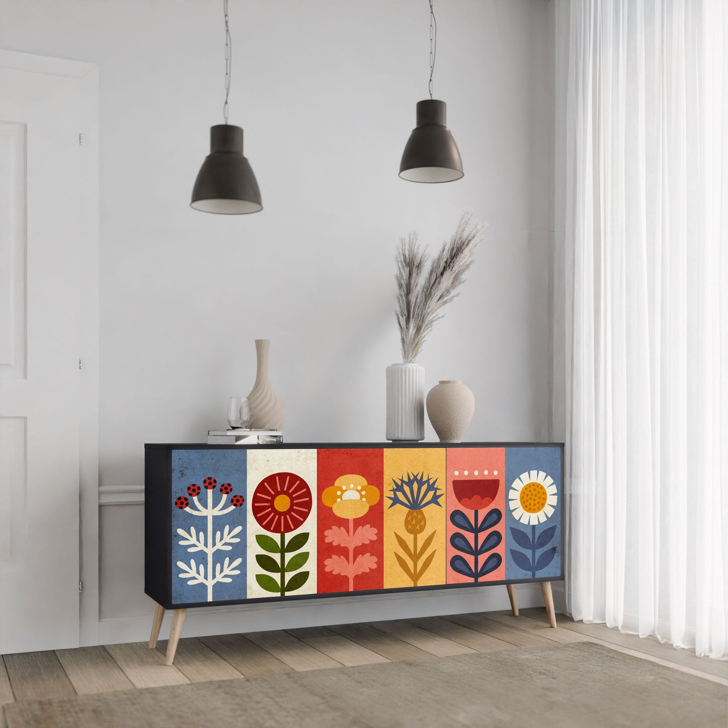Credenza SCANDIC FLOWERET a 3 ante in finitura nera
